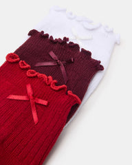 3 PACK MELODY LETTUCE EDGE BOW SOCKS RED MULTI